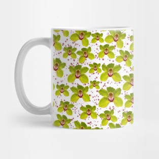 Green Orchid Pattern on White Background with Red Watercolor Splatter Mug